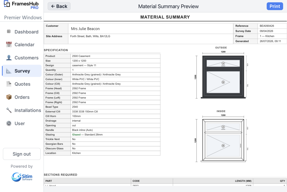 FramesHub material summary on iPad