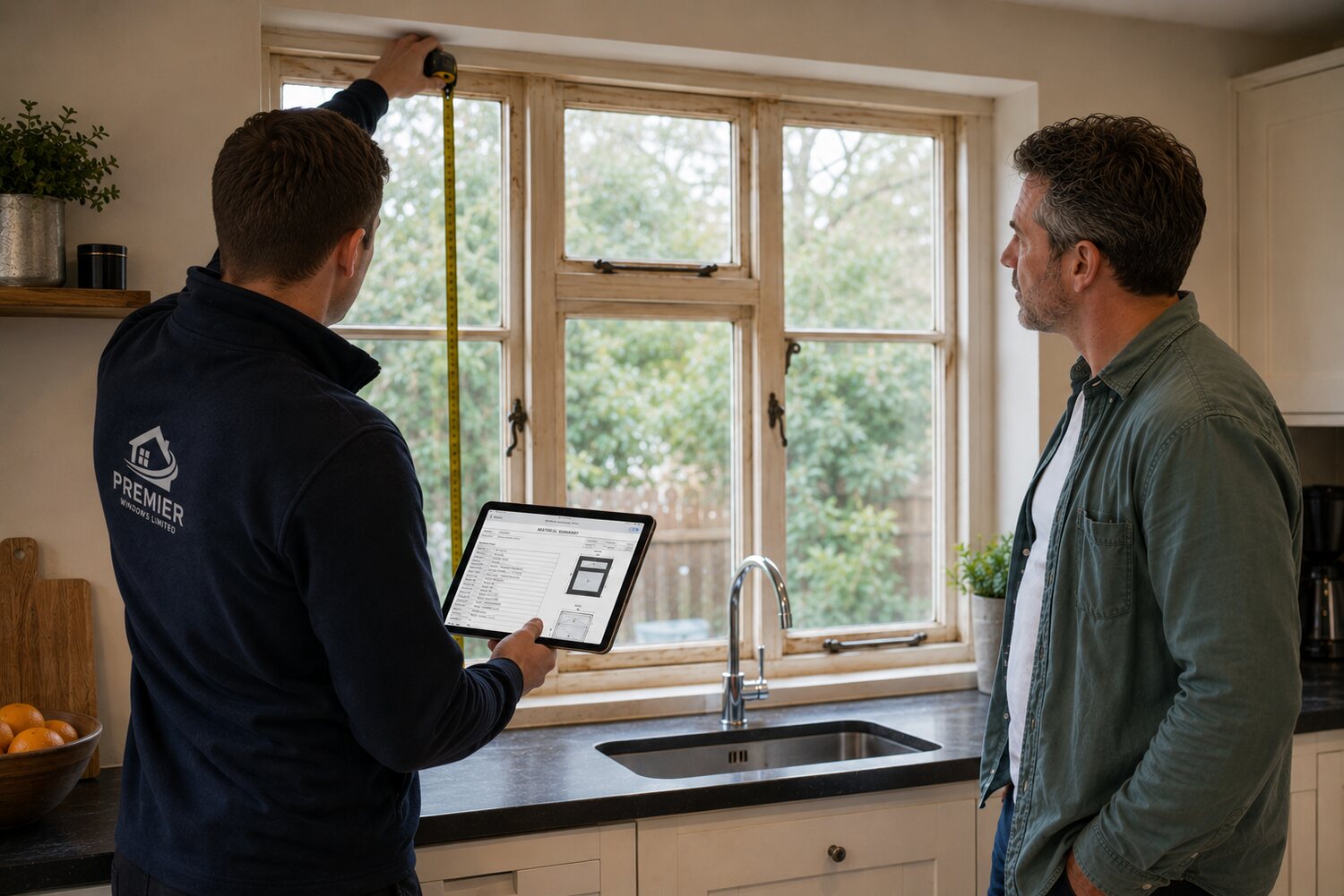 A fitter surveying a window with the FramesHub app on an iPad