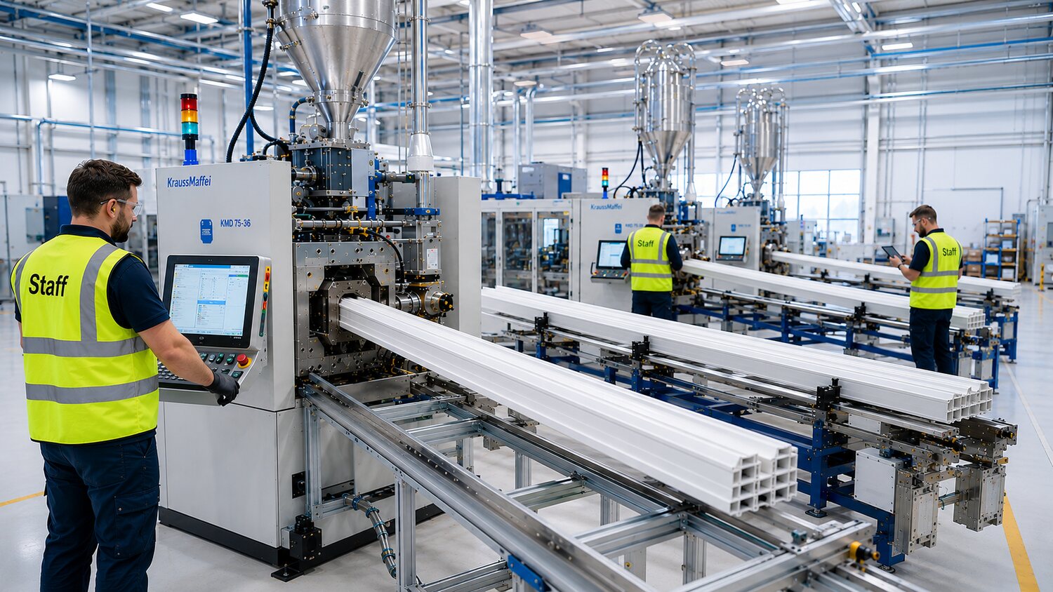 A smart uPVC profile extrusion plant with staff monitoring the lines
